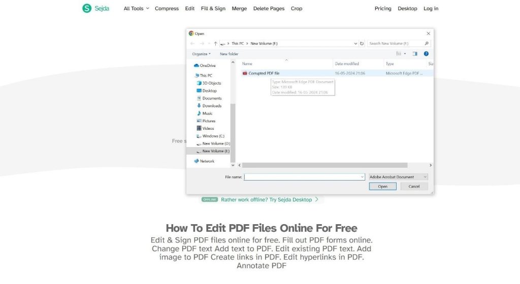 repair pdf error 135 online PDF repair tool website homepage upload button interface