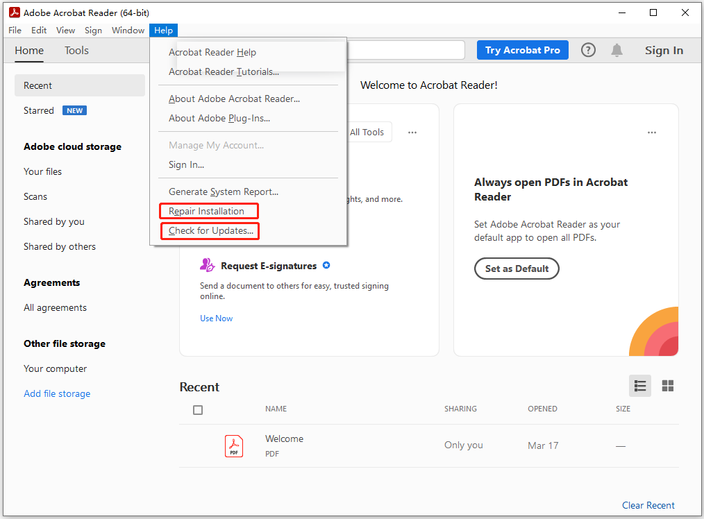repair pdf file Adobe Acrobat Reader repair PDF dialog window