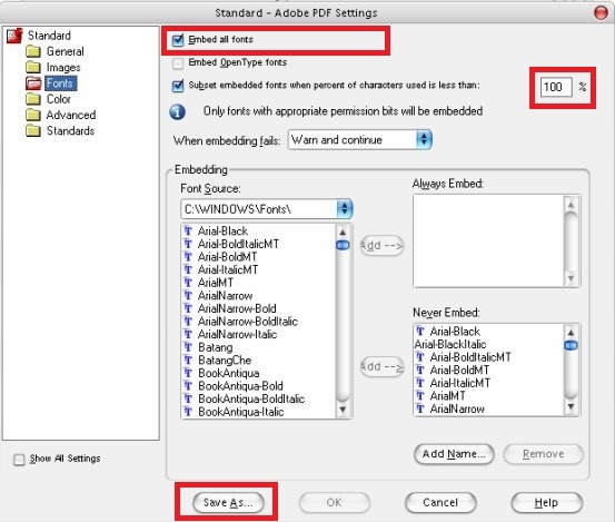 repair pdf font error Adobe Acrobat PDF Optimizer font embedding settings dialog