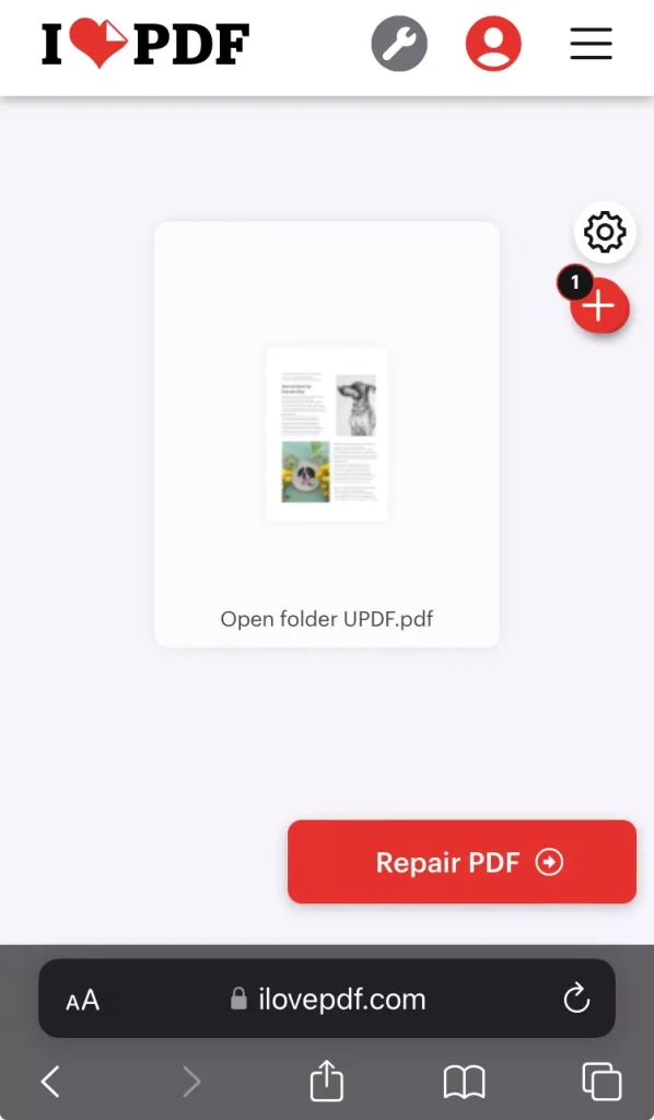 repair pdf font error iLovePDF repair PDF online interface showing upload button