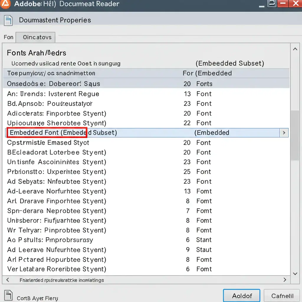 repair pdf font error pdf font properties window showing embedded fonts in Adobe Acrobat Reader