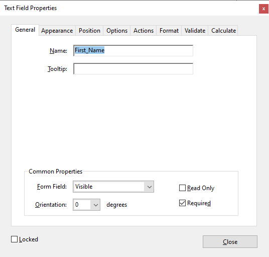 repair pdf form fields Adobe Acrobat form field properties dialog showing General tab