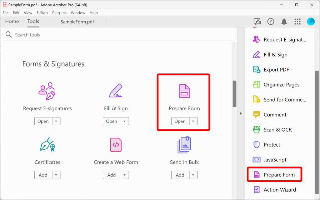repair pdf form fields Adobe Acrobat Prepare Form tool with form fields highlighted