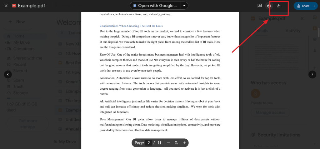 repair pdf in cloud Google Drive PDF viewer with print button and save as PDF option