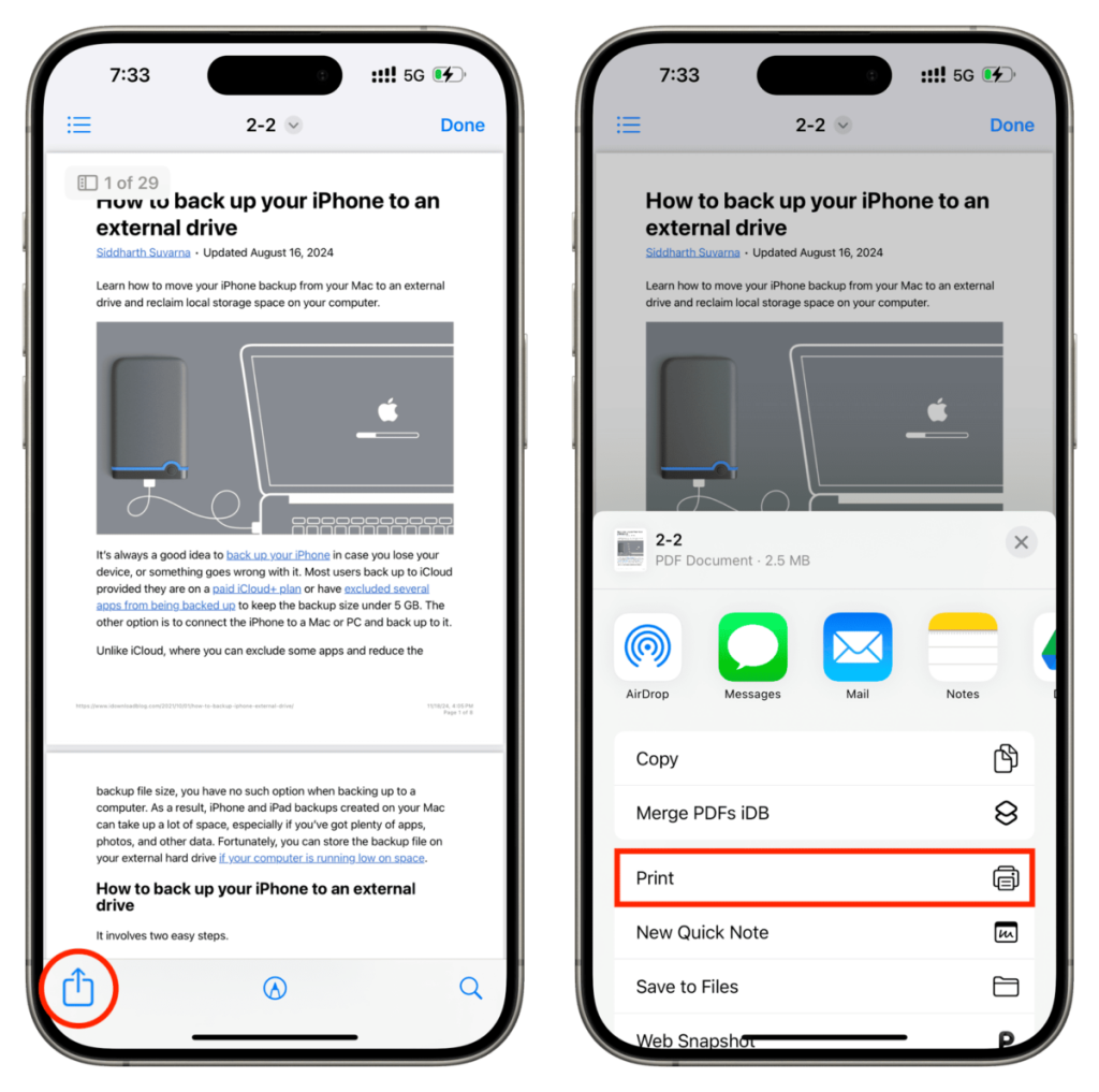 repair pdf on iphone iPhone Files app share sheet print to PDF