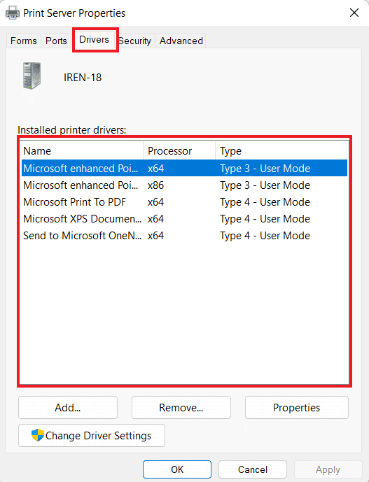 repair pdf print issue Printer properties window on Windows 10 showing driver tab