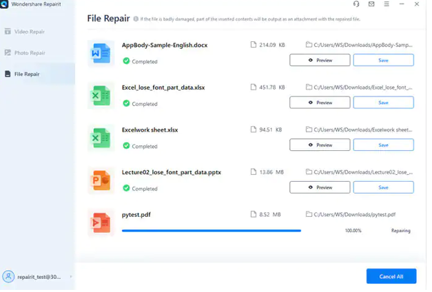 repair pdf under 100mb PDF repair software interface with repair button and corrupted file loaded