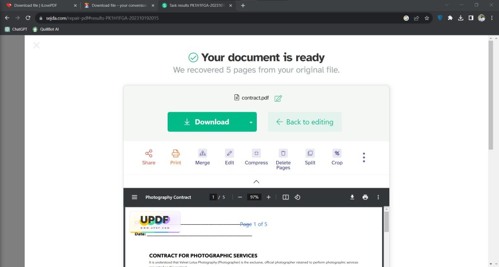 repair pdf under 100mb uploading pdf file to online pdf repair website interface