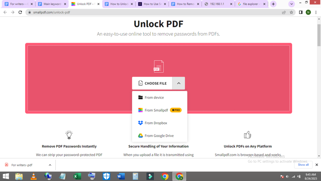 repair pdf with password Smallpdf online PDF unlock interface