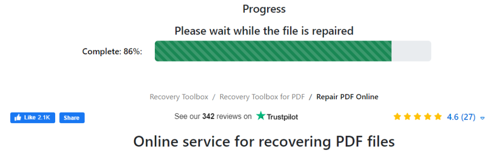 broken pdf file recovery PDF repair software interface showing progress bar