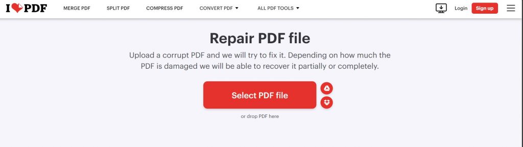 corrupted pdf repair computer screen showing online PDF repair upload button