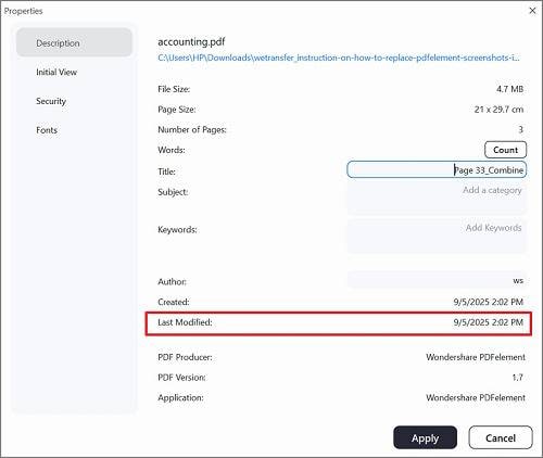 detect damaged pdf Windows file properties dialog showing PDF file size and modification date