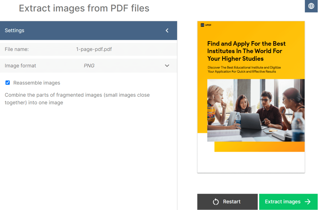 extract images from damaged pdf PDFaid online image extraction tool screenshot