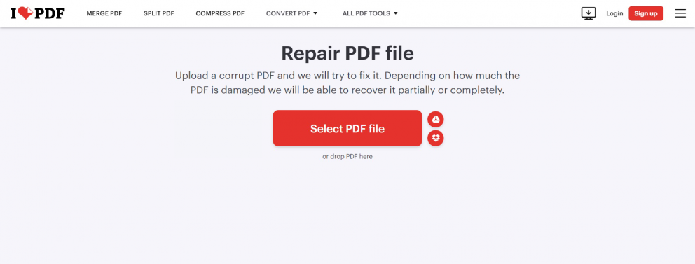 fix compressed pdf iLovePDF repair PDF tool interface screenshot