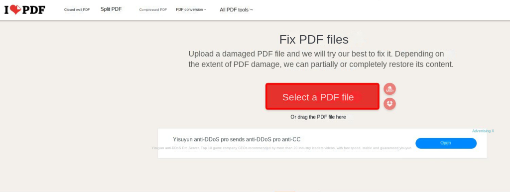 fix damaged pdf for printing iLovePDF repair PDF upload interface on laptop screen