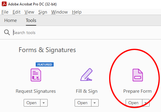 fix fillable pdf Adobe Acrobat Prepare Forms interface showing Enable button