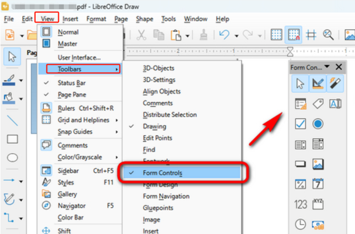 fix fillable pdf LibreOffice Draw Form Controls toolbar with Text Box and Check Box icons