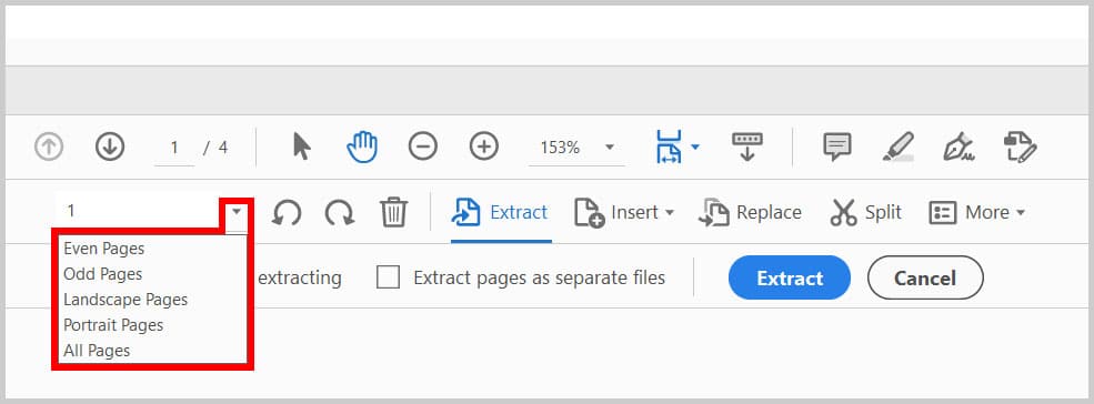 fix incomplete pdf extract pages tool in Adobe Acrobat showing page selection