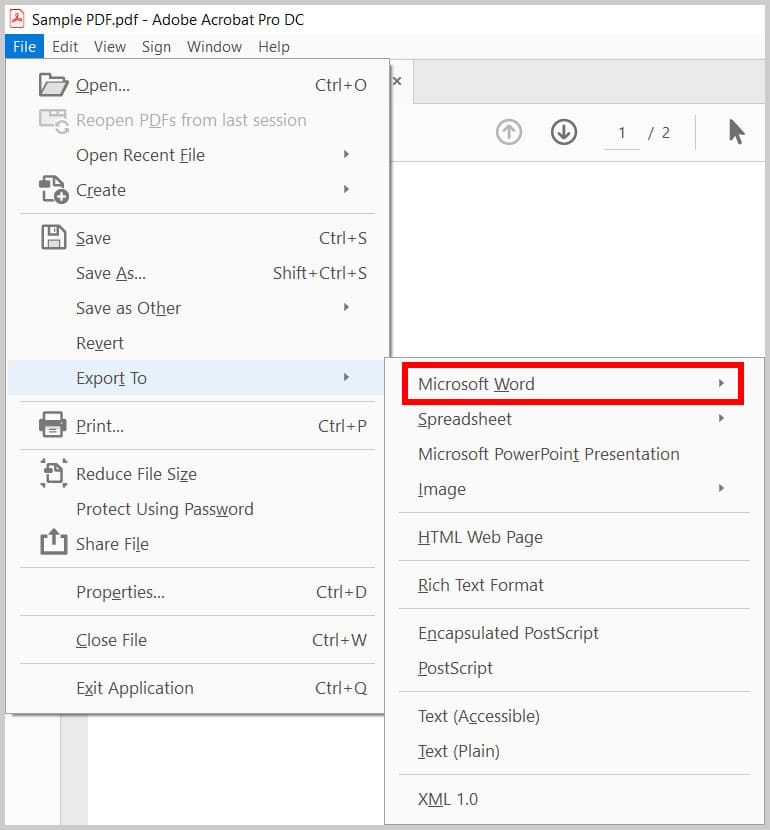 fix legal pdf Adobe Acrobat export PDF to Word dialog showing options