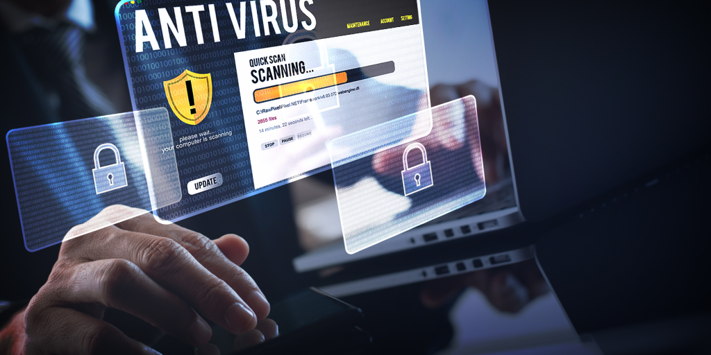 fix pdf after virus person scanning a laptop for viruses with antivirus software on screen