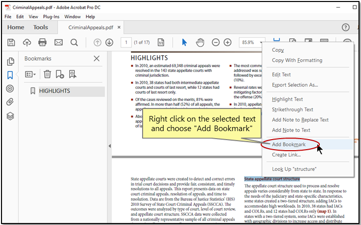 fix pdf bookmarks Adobe Acrobat bookmark panel open showing list of bookmarks