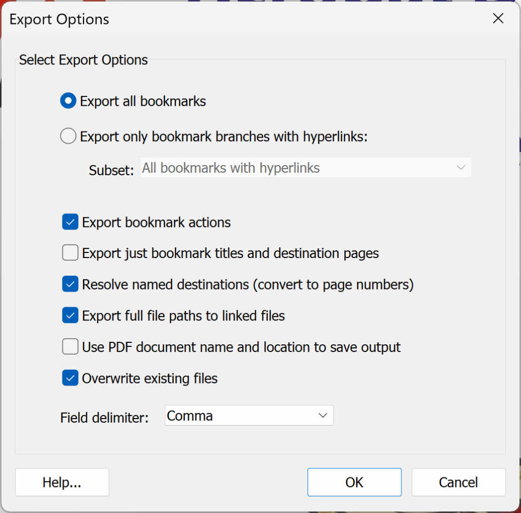 fix pdf bookmarks Export bookmarks as text file from Adobe Acrobat options menu