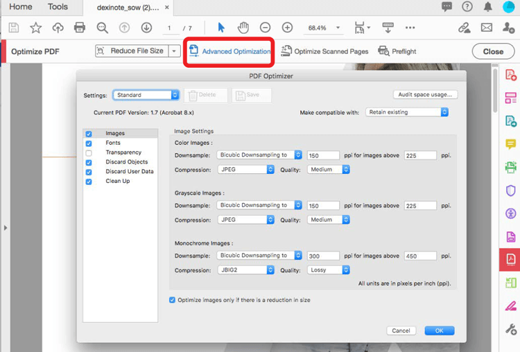 fix pdf compression error Adobe Acrobat PDF Optimizer settings window compression options