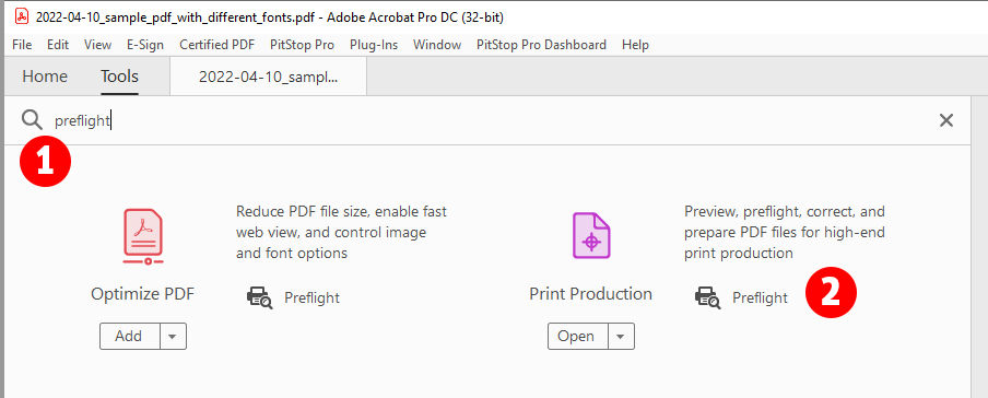 fix pdf compression error Adobe Acrobat Preflight panel analyzing font embedding