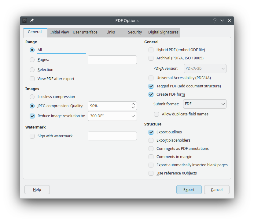 fix pdf converted from word LibreOffice export to PDF dialog settings