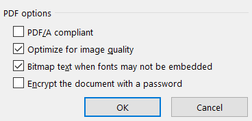fix pdf converted from word Word Export PDF options dialog Standard optimization checkbox