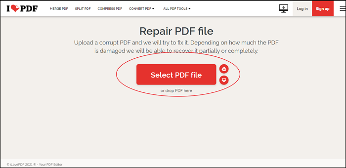 fix pdf document Smallpdf online repair PDF upload interface screenshot