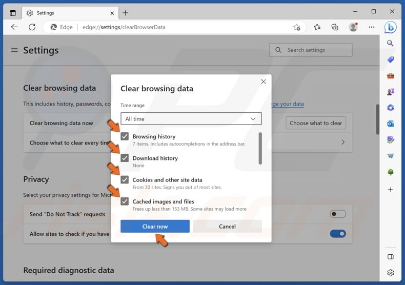 fix pdf download error Browser settings window showing 'Clear browsing data' with cached images and files checkbox