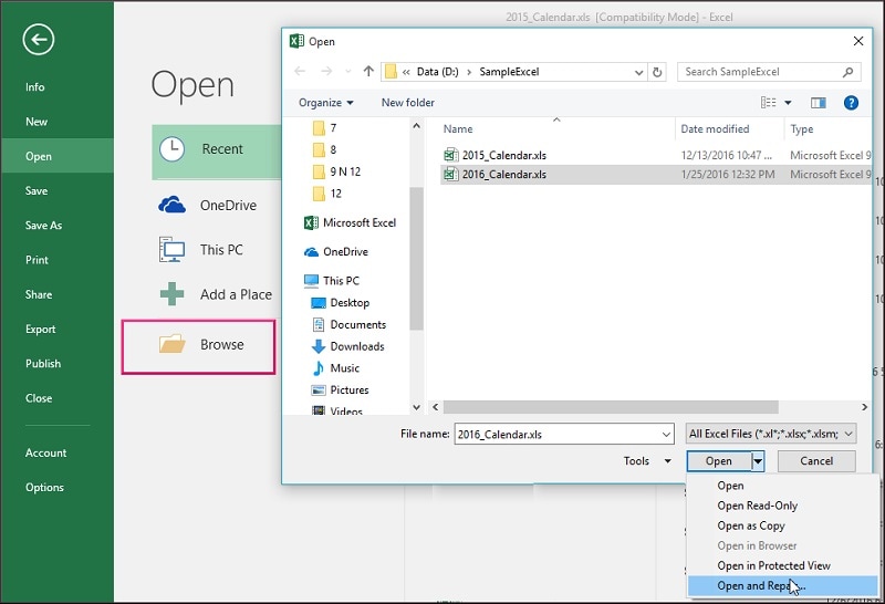 fix pdf exported from excel Excel Open and Repair dropdown menu