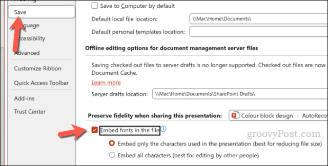 fix pdf exported from powerpoint PowerPoint options embed fonts setting checkbox