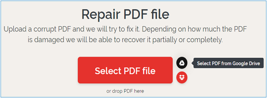 fix pdf from dropbox Online PDF repair website homepage with upload button