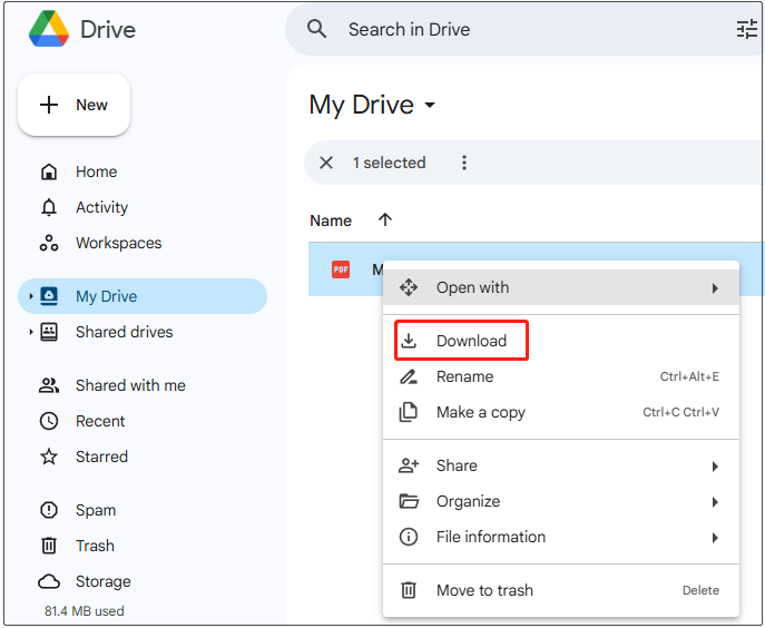 fix pdf from google drive Google Drive download menu with 'Download' option highlighted