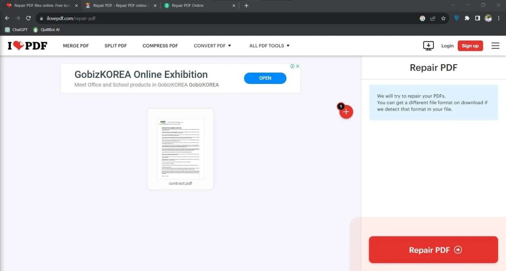 fix pdf from google drive iLovePDF repair tool interface with uploaded file