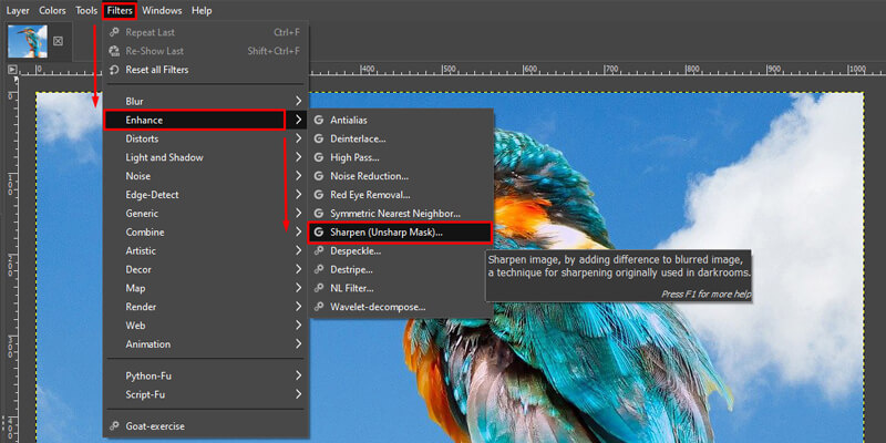 fix pdf image pages GIMP sharpen filter applied to blurry PDF image