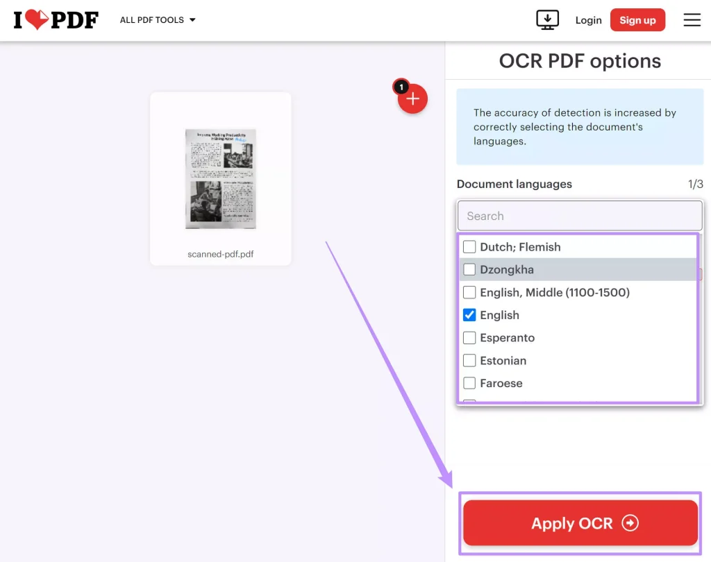 fix pdf image pages iLovePDF OCR conversion settings for scanned PDF to text