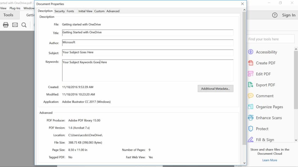 fix pdf metadata Adobe Acrobat PDF properties dialog Description tab with editable fields