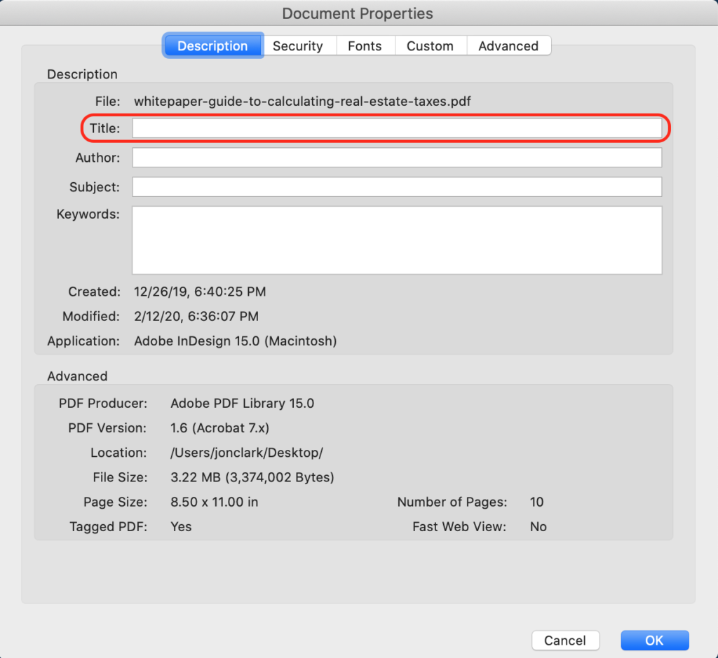 fix pdf metadata Adobe Acrobat PDF properties dialog showing title author subject keywords fields