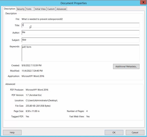 fix pdf metadata PDF file properties dialog showing updated metadata title author subject