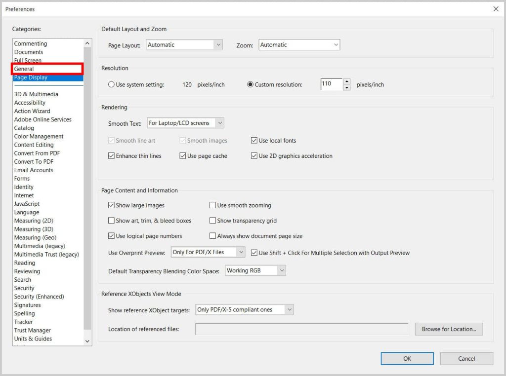 fix pdf not opening in adobe reader Adobe Reader preferences dialog general category with reset button