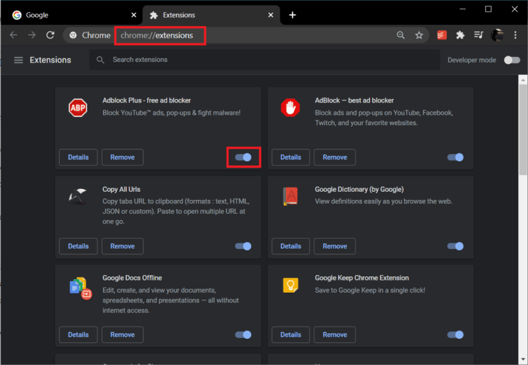 fix pdf not opening in chrome Chrome extensions list with disable toggle