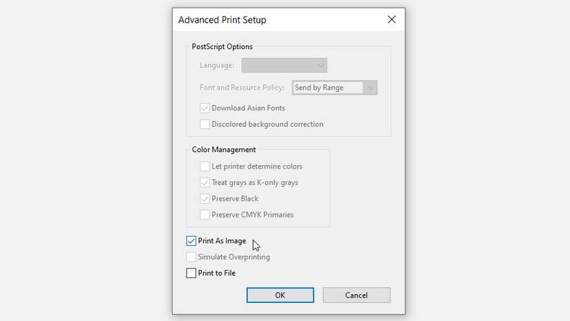 fix pdf printing error Adobe Reader Print dialog with Print as Image option checked