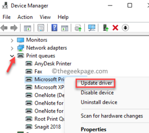 fix pdf printing error Windows Device Manager printer driver update screen