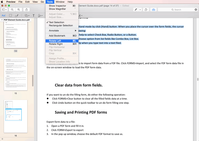 fix pdf without acrobat Mac Preview app open with a PDF showing export menu options
