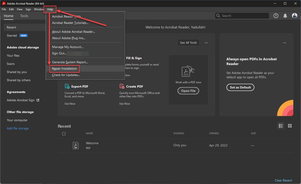 fix unreadable pdf online Adobe Acrobat online repair interface showing upload and repair process