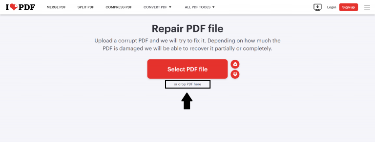 fix unreadable pdf online Screenshot of iLovePDF Repair PDF upload interface showing file selected and repair button