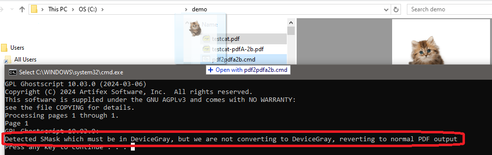 free corrupted pdf recovery Command prompt window showing Ghostscript command with output file